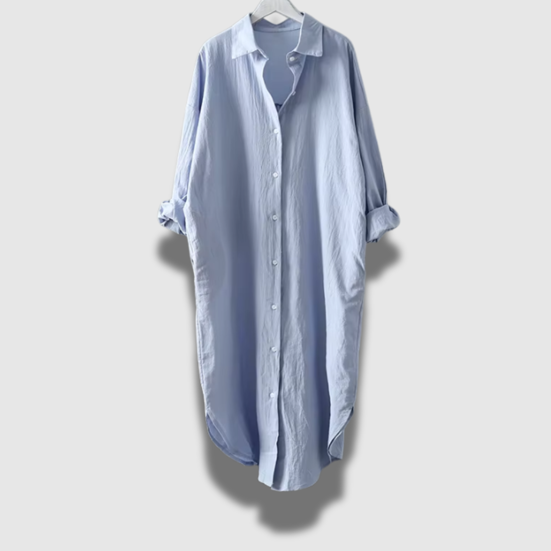 Women’s Long-Sleeve Linen Shirt Dress – Lightweight, Relaxed Fit & Mid-Length Elegance