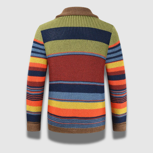 Men’s Color Block Cardigan – Soft Knit with Shawl Collar & Bold Design