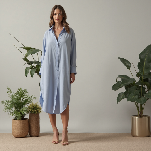 Women’s Long-Sleeve Linen Shirt Dress – Lightweight, Relaxed Fit & Mid-Length Elegance