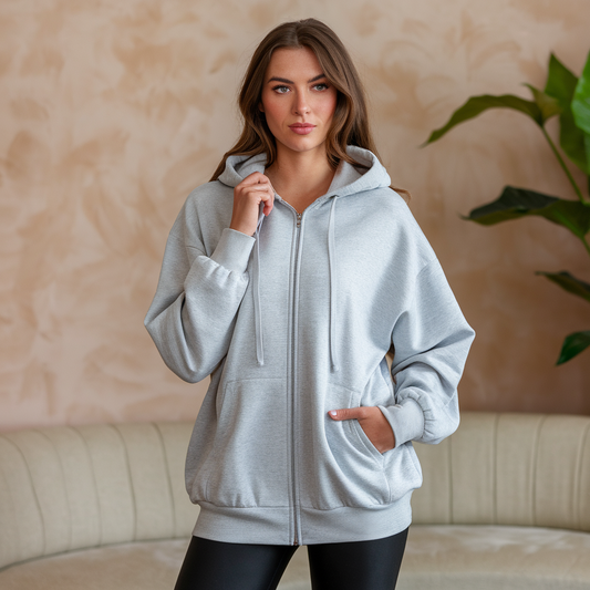 Women’s Oversized Grey Hooded Zip-Up Cardigan – Cozy, Breathable & Perfect for Layering